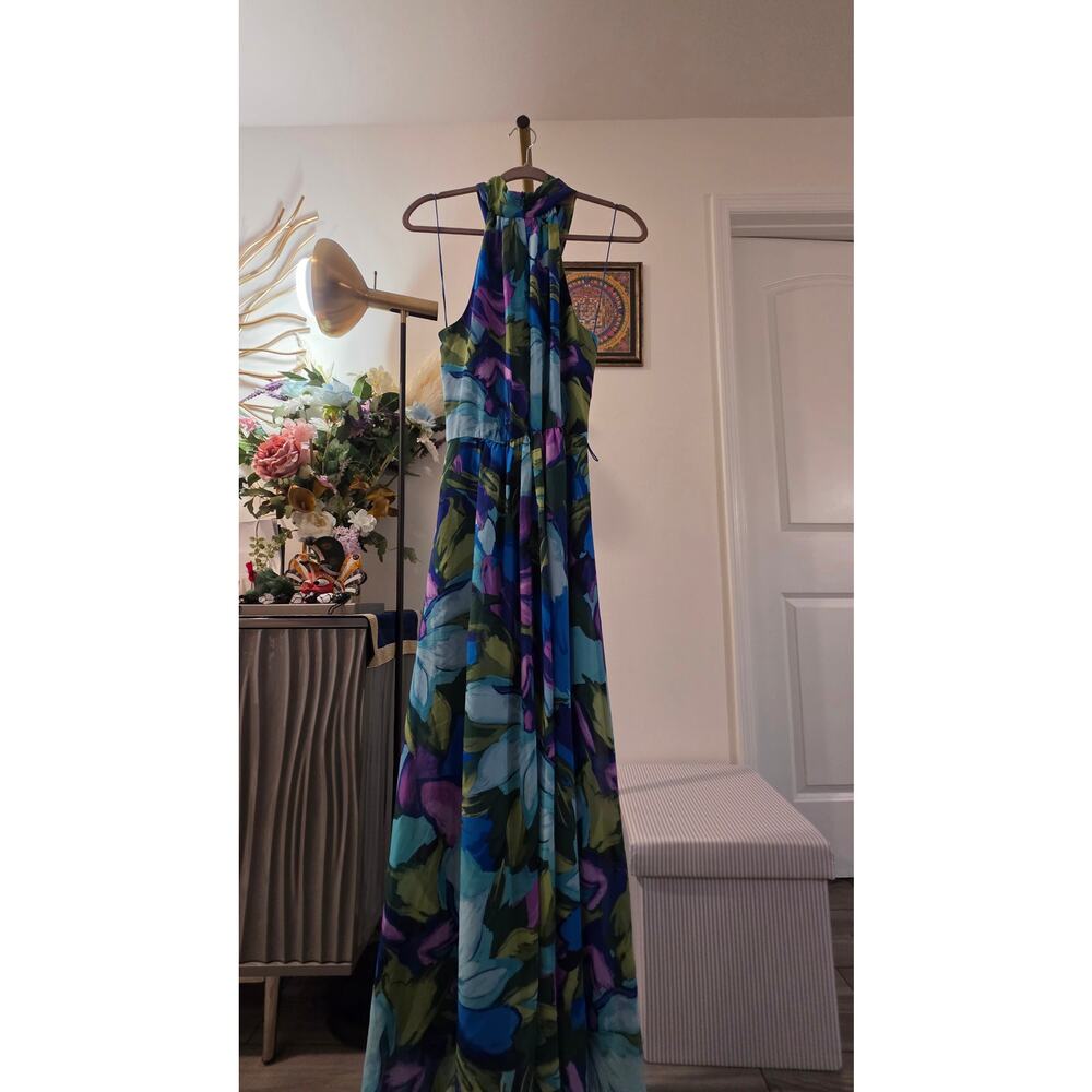 London Times Women’s Size 10 Floral Halter Maxi Dress Blue/Green Zip Closure NWT - Picture 5 of 5